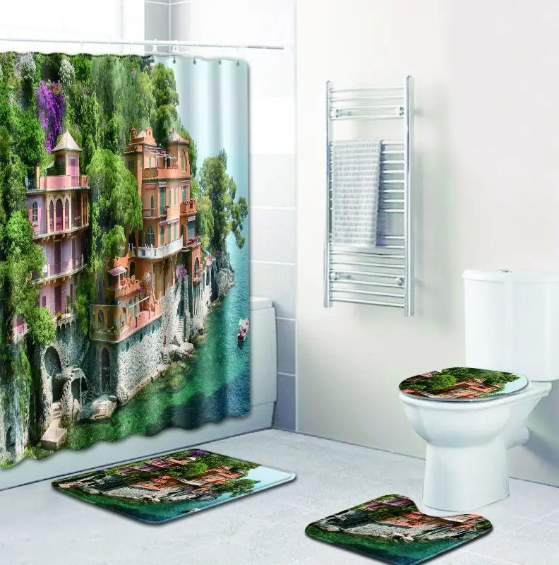 Zeegle 3D строительный узор для ванной, занавеска для душа с ковриком, набор водонепроницаемых занавесок и крючков для туалета, u-образный коврик, набор ковриков для ванной