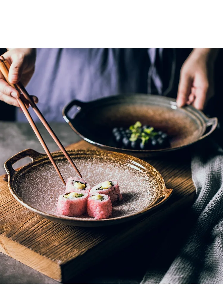 1 PC Ceramic Double Ear Large size Dish Glaze High Grade Porcelain Plate Household Dish Meat Dinner Plate Tableware