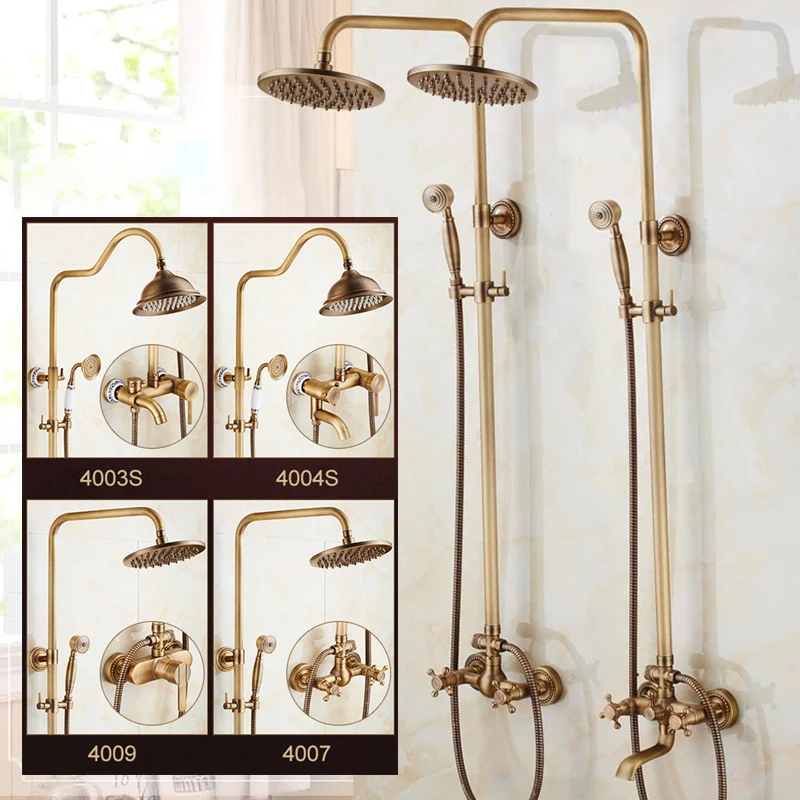 Bathroom Shower Faucet Set Antique Rain Shower Faucets With Hand Brass Wall Mounted Mixer for Bathroom Bath Luxury Rainfall EL4006T