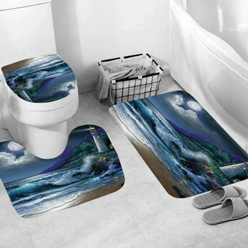 

Coast Shower Curtain Bathroom Rug Set Thick Bath Mat Non-Slip Toilet Lid Cover Anti-rust Metal Buttonhole
