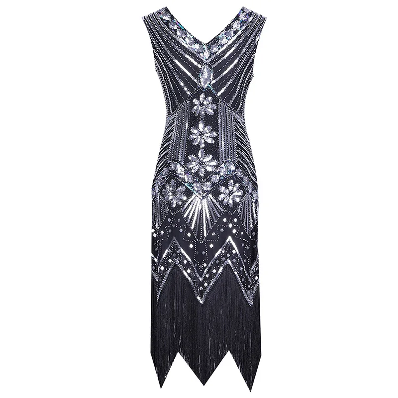 black silver dress 1920s Flapper платье Great Gatsby вечерние платья с блестками и бахромой - Цвет: black silver dress