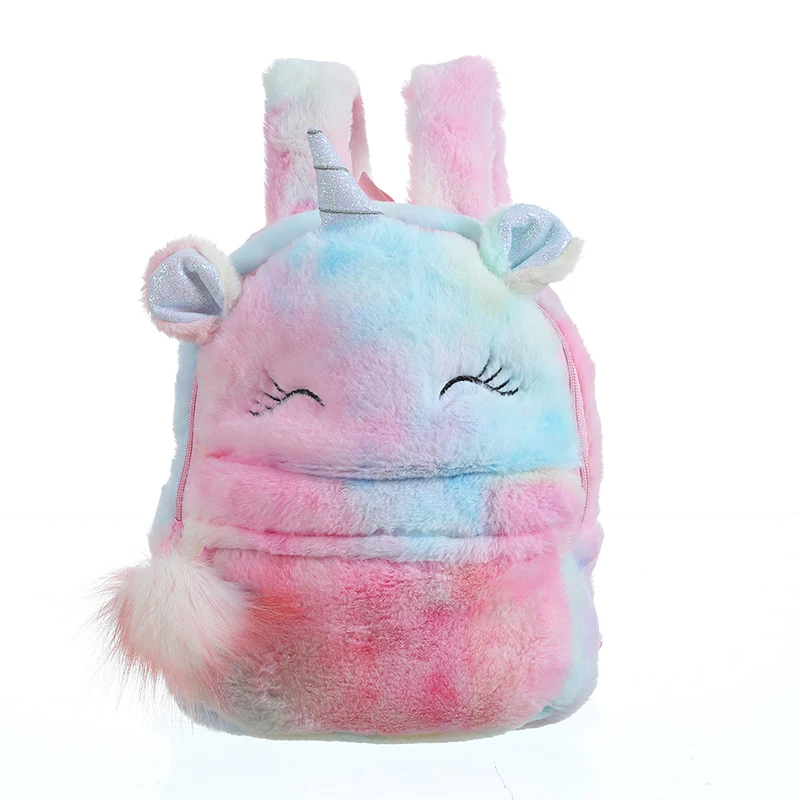 

Girl Cartoon Soft Plush Bag Student Small Zipper Schoolbag Unicorn Rainbow Fur Backpack With Ball Kid New Mini Toy Doll Backpack