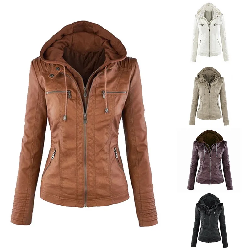 

WENYUJH Faux Leather Jacket Women Hoodies Gothic Motorbike Basic PU Jacket Coats Outerwear Hooded Zipper Waterproof Ladies Coat