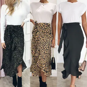 

Fashion Women Lady Summer Leopard High Waist Pleated Wrap Maxi Skirt Long Beach Dress