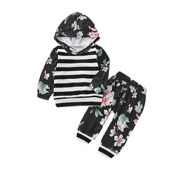 

High Quality Hot Autumn Baby Boys Long Sleeve Stripe Floral Print Hoodie Sweatshirt Tops+Pants Trouser Costume Set New Arrival