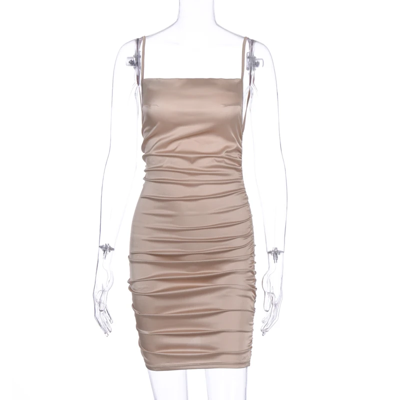 SEASONS Satin Sleeveless Backless Ruched Sexy Mini Dress Women Spaghetti Strap Dresses Club Party Outfits Vestidos ASDR80327
