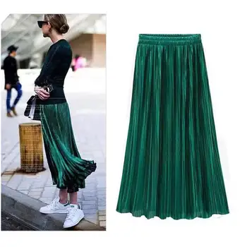 

MISSKY New Women Pleated Skirt Plus Size Metallic Solid Color Elastic Waist Summer Middle Long Skirt For Female