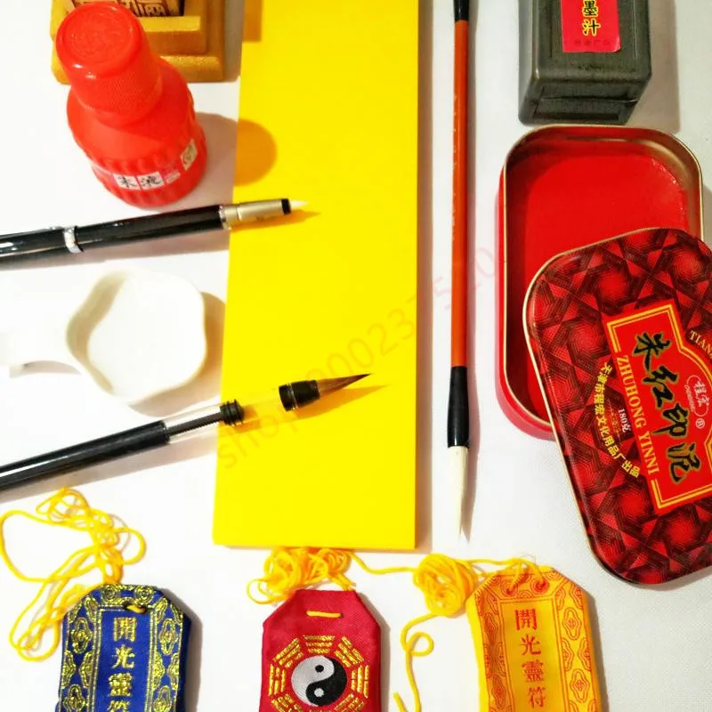 Taoist Supplies Complete Set Taoist Symbols Soft Brush Seal Base Red Inkpad Ink Blessing Bag Rune Paper