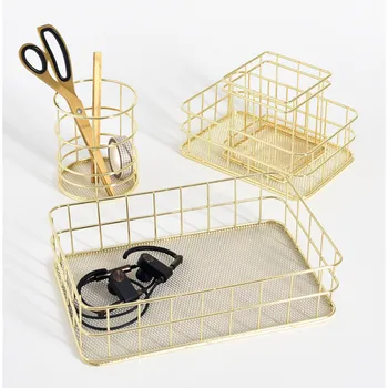 

Nordic Golden Storage Basket Office Sundries Metal Frame Simple Cosmetic Finishing Box Kitchen Seasoning Bottle Organizer Basket