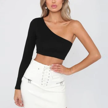 

One Shoulder Slope Neckline T Shirt Sexy Solid Long Sleeve Women's Tshirt White Black Crop Top Ladies T-shirt 2020 New Fashion