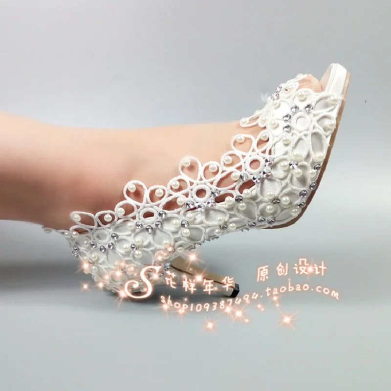 

Summer new style fish mouth satin crystal lace flower bridal wedding shoes stiletto banquet dress large size female sandals