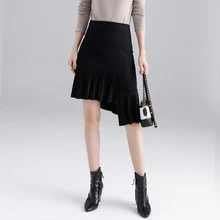 Осень зима ассиметричный, с высокой талией пакет бедра юбка женская облегающая плиссированная Русалка тонкая трикотажная короткая юбка с оборками