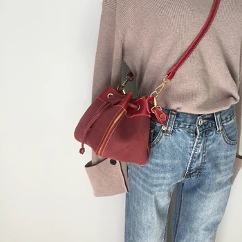 

MJ Women Leather Handbags Vintage Suede PU Leather Crossbody Bag Drawstring Bucket Bag Female Small Messenger Bags Korean Style