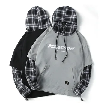 

Cotton Hooded Sweatshirt Men's Hip Hop Plaid Patchwork Slim Hoodie Men Letter Print Big Pocket Casual Loose Pullover DS50913