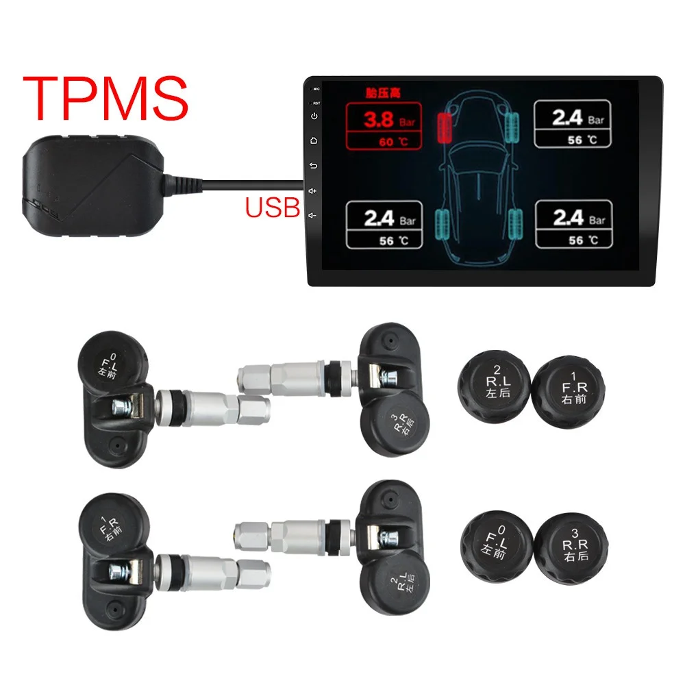 USB Android TPMS Tire Pressure Monitoring System Display Alarm System 5V Internal Sensors Android Navigation Car Radio 4 Sensors
