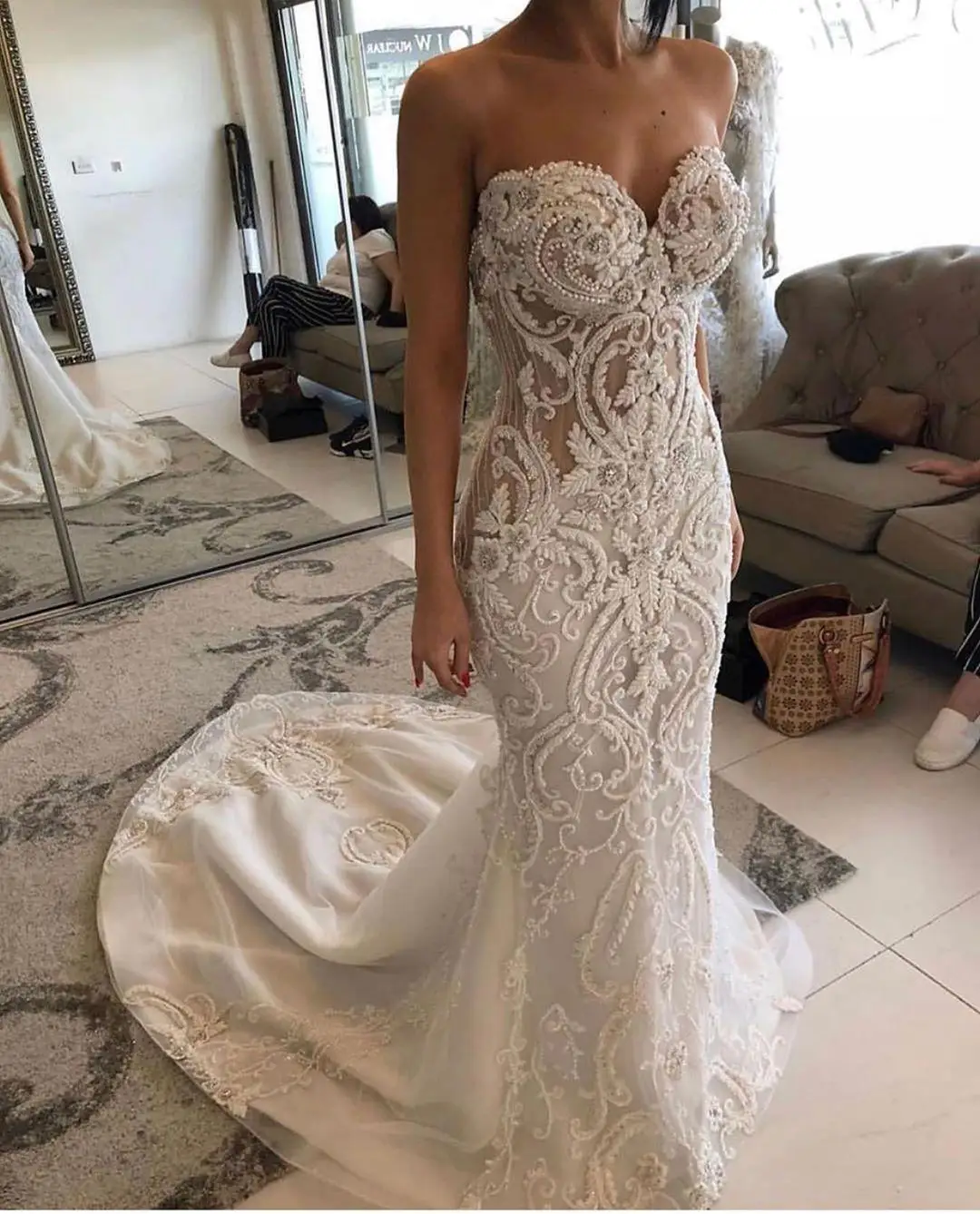 Arabisch Aso Ebi Luxuriöse Spitze Perlen Brautkleider Meerjungfrau Schatz Braut Vintage Hochzeit Kleider robe de soirée de mariage