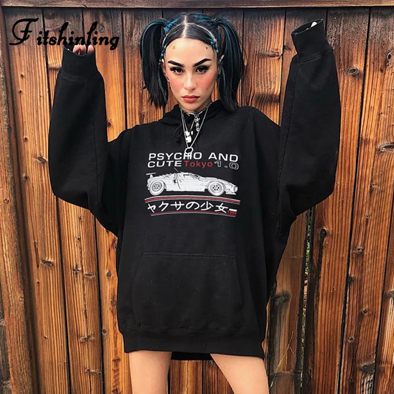 Fitshinling 2019 Готическая зимняя Длинная толстовка Harjuku BF стильная крутая Черная