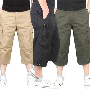 

Men Solid Color Breathable Pocket Loose Straight Capri Cropped Pants Trousers With multi pockets on the pants