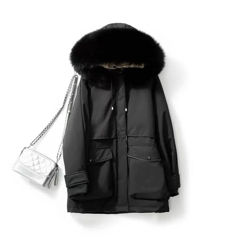 Lusumily, Новое поступление, очень большой меховой капюшон, зимний белый пуховик для женщин, для-20 градусов, утепленные парки, теплый пояс, завязывается, зимнее пальто - Цвет: Black