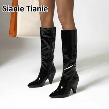 

Sianie Tianie 2020 new patent PU leather white black spike high heels woman boots point toe women knee-high boots winter shoes