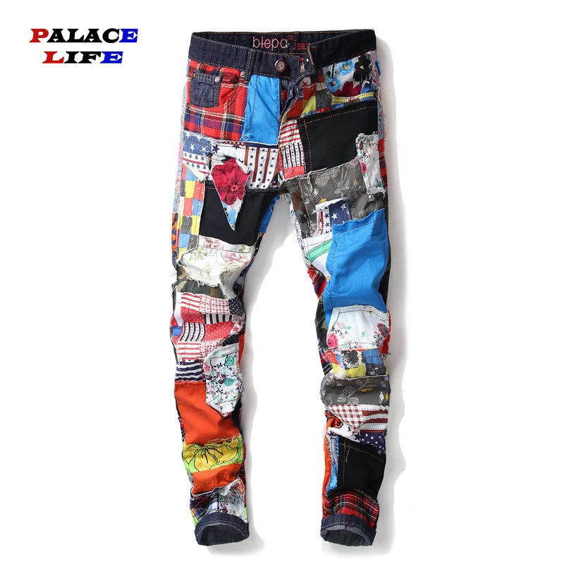 Красочные джинсы мужские джинсовые заплатка Slim Fit хип хоп модные дизайнерские брюшные штаны модные показ джинсовые брюки мужские