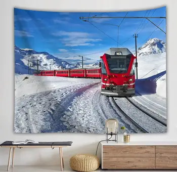 

Train tapestry The mural tapestry of the train traveling in the snowy mountains is suitable for the wall hanging of the bedroom