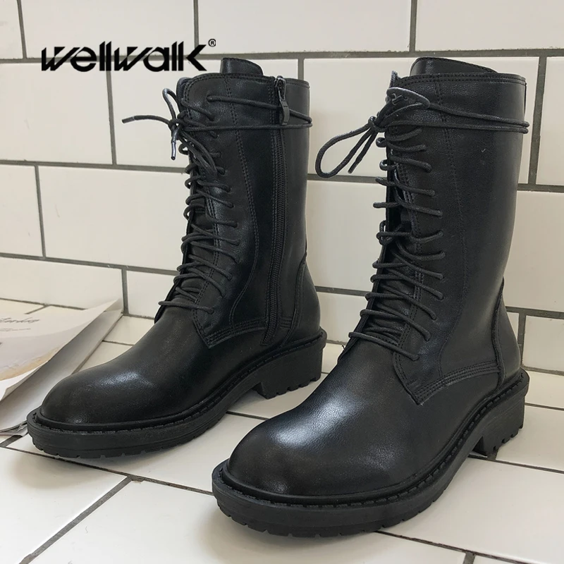 

Black Riding Boots Equestrian Women Casual Winter Shoes Platform Lace Up Over Leather PU Ladies Mid Calf Cute Booties Round Toe