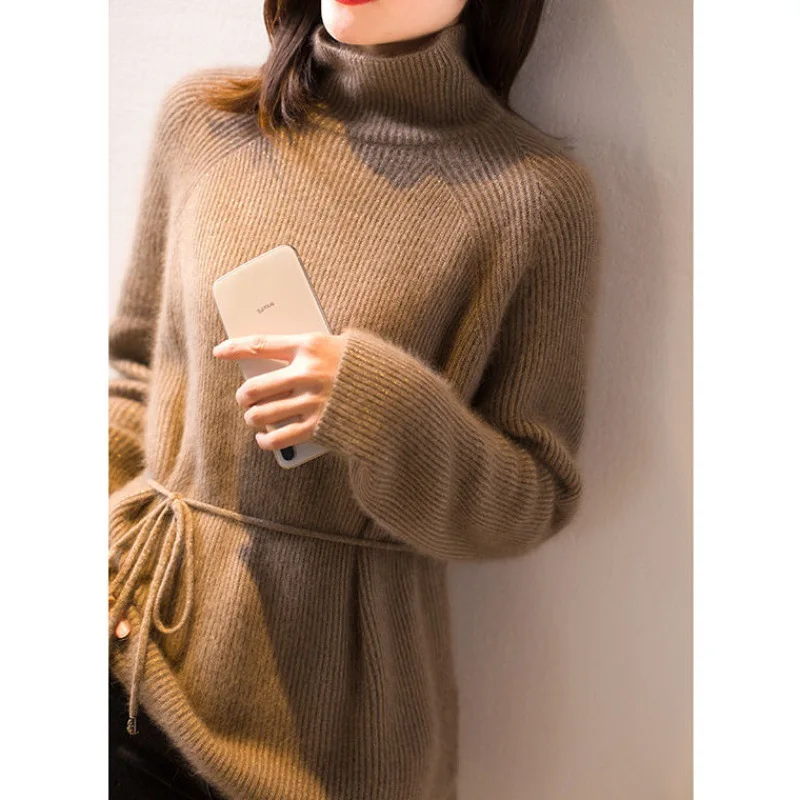 

Elegant Bright Gold Silk Turtle Neck Casual Fashion Long Knit Top Loose Japanese Lady Lace-up OL Sweater Autumn Winter New
