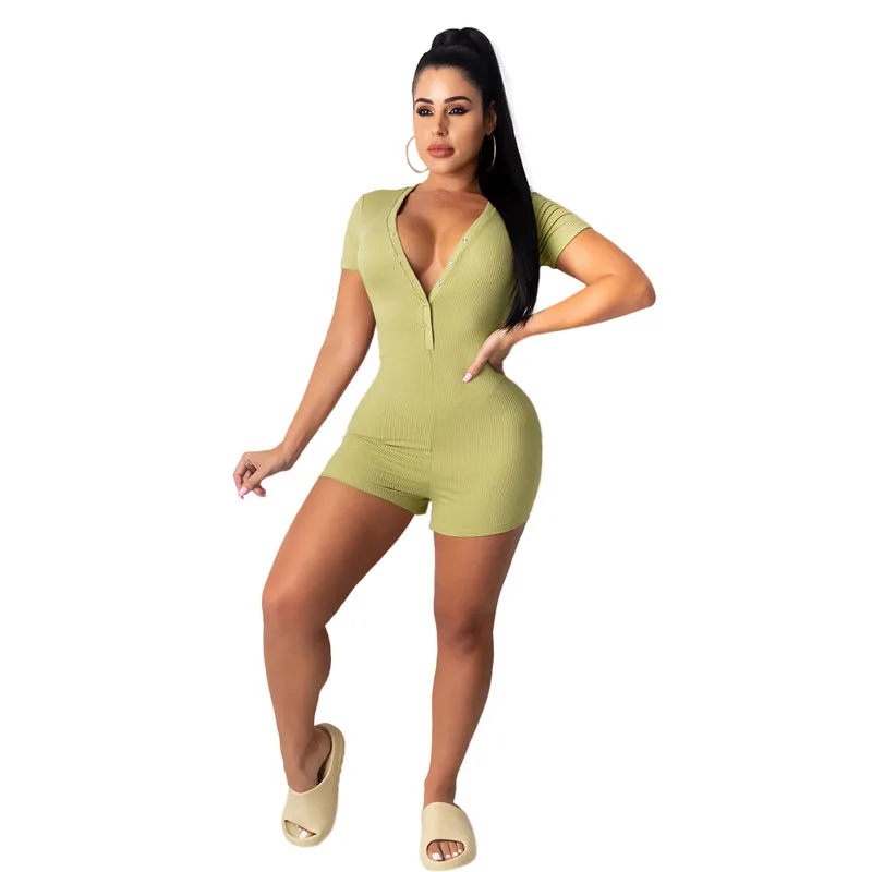 

Ribbed Sexy Summer Romper Bodycon Solid Jumpsuit Women Playsuit Short Sleeve Ladies Short Jumpsuit Female Clothing Wholesale