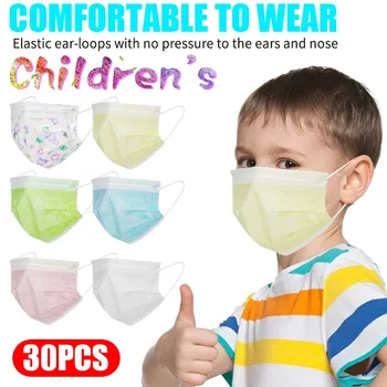 

Child Mask Mix Color Print Masks Disposable Mask Outdoor Dustproof Windproof Soft Kids Mask 3-Layer Filter Breathable Mask 30PCs