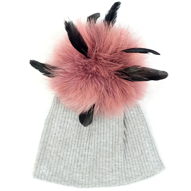light gray pink Geebro/Новое поступление; детская шапка в рубчик с галстуком-красителем; Модный прочный мягкий хлопок; шапка для девочки; 15 см; страусиное меховое шапки с помпонами - Цвет: light gray pink