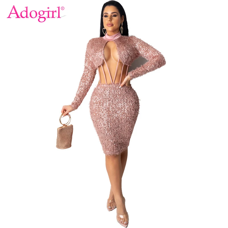 Adogirl Fur Sequins Women Sexy Dress Hollow Out Turtleneck Long Sleeve Bodycon Mini Party Dress Female Night Club Vestidos