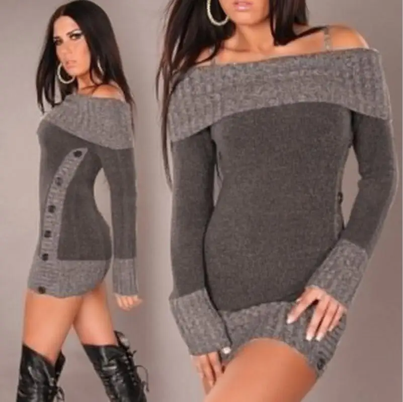 Сексуальный благородный женский свитер с вырезом лодочкой, длинный пуловер, Осень-зима, однотонный базовый вязаный Модный повседневный Рождественский свитер - Цвет: Серый