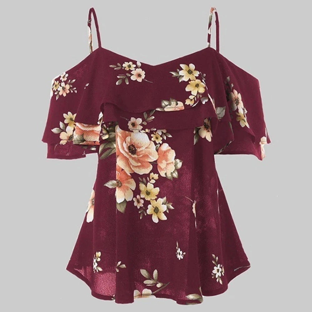 

Spaghetti Strap Ladies Shirt Blouses Summer Flower Printed Hollow Out Women Tops And Blouses Fashion Female Shirt Tops Q30