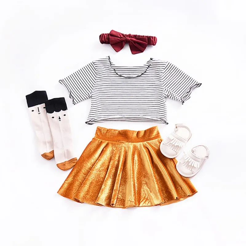 Комплект летне-осенней одежды из 2 предметов для маленьких девочек, футболка с короткими рукавами с изображением мини-босса комплект из топа и кожаной юбки Детский костюм