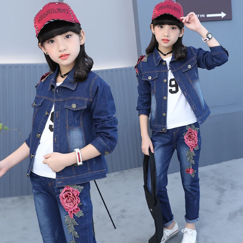 

Children Spring Autumn Clothing Boutique Denim Jeans Outfits with Floral Three-dimensional Rose For Girls 3-14 Single Jacket