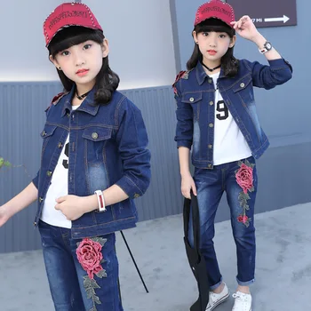 

Children Spring Autumn Clothing Boutique Denim Jeans Outfits with Floral Three-dimensional Rose For Girls 3-14 Single Jacket