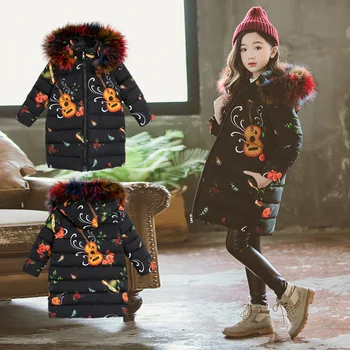 

Fashion Winter Thicken Warm Cotton Printed Child Long Coat Children Outerwear Fur Collar Baby Girls Jackets For 3-12 Years Old