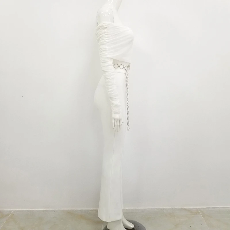 CHICEVER Ruched Mesh Женские Комбинезоны с открытыми плечами с длинным рукавом Туника с высокой талией сексуальный комбинезон с широкими штанинами Женская мода Новинка