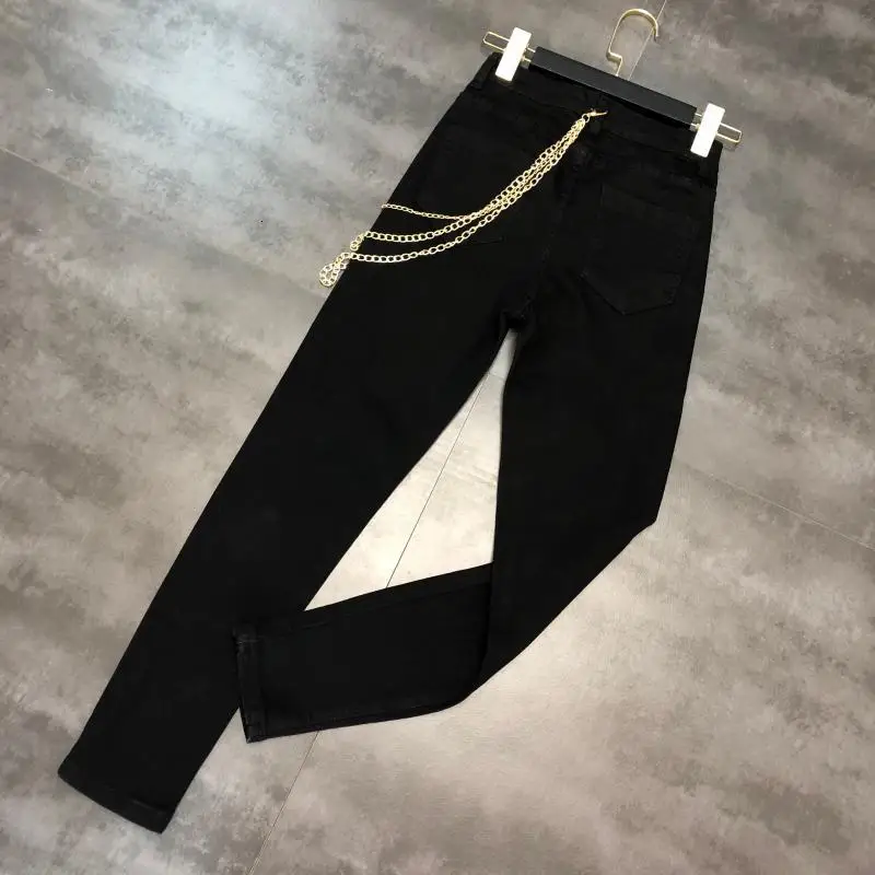 new autumn gold chain waist chain solid color stretch Slim jeans women