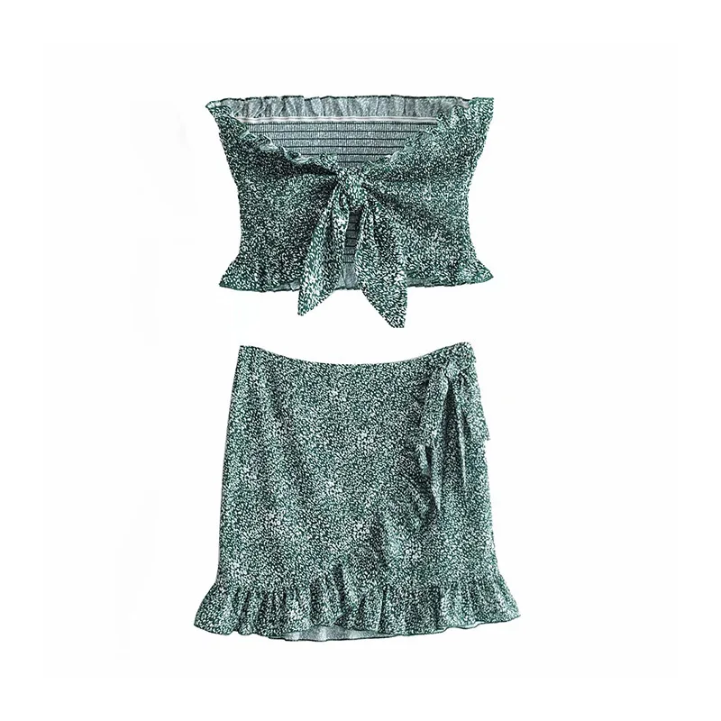 

Australia Non-mainstream Set Frilled Printed Short Knot Tops High-waisted Bow Lace-up Irregular Skirt