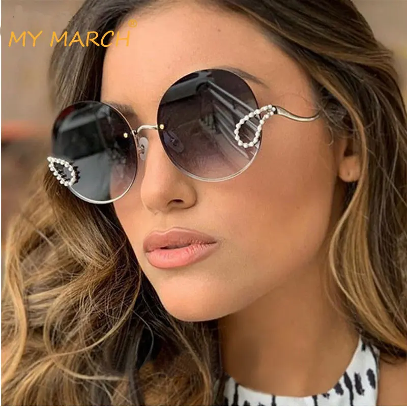 

Luxury Ladies Rhinestone Sunglasses Women Italy Brand Designer Rimless Round Big Sun Glasses Female Oculos De Sol Feminino UV400