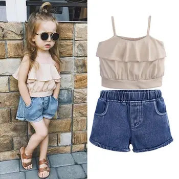 

1-7T Kids Girls Sweet Clothes Sleeveless Ruffle Vest + Denim Shorts Outfit Summer Toddler Kids Girls Clothes Set