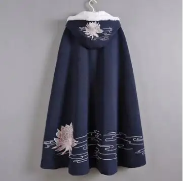 Вышитый плащ с капюшоном hanfu Китайский ретро костюм плащ осень зима утолщенная одежда двойной слой шерсть теплый костюм - Цвет: Синий