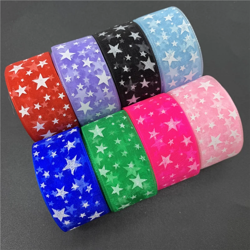 5Yards 25mm Organza Ribbon Printing Stars Ribbon for Bow Hair Wedding Christmas Decoration Lace Crafts DIY Gift Package ribbon decoration,ribbon supplies,wrapping ribbon,sewing ribbon,organza ribbon