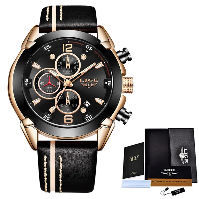rose gold black Мужские часы LIGE, новые модные водонепроницаемые спортивные кварцевые часы для мужчин, лучший бренд класса люкс, синий кожаный Хронограф, Relogio Masculino+ коробка - Цвет: rose gold black