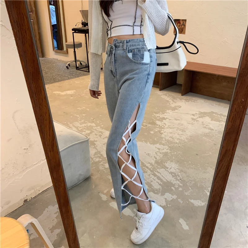 Sexy Side Split Irregular High Waist Strappy Jeans Women\'s Straight Wide Leg Denim Trousers Streetwear Harajuku Pants