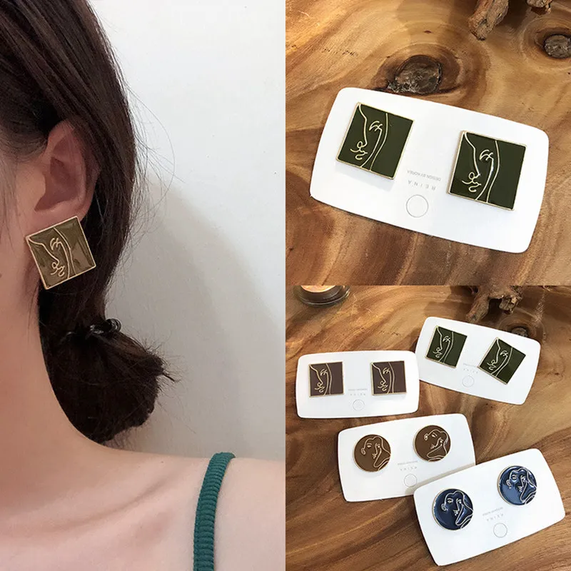 Корейский Винтажный стиль Геометрические личности круглые квадратные абстрактные серьги-гвоздики с подвеской для женских аксессуаров