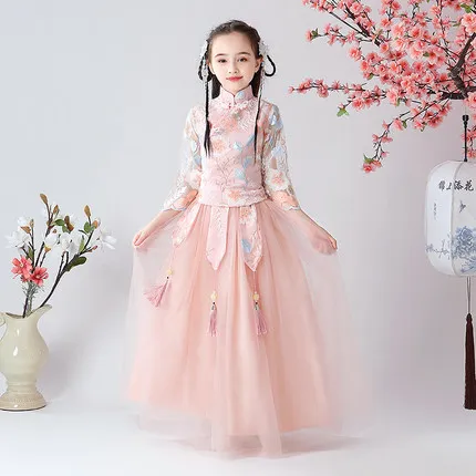 Детские дизайнерские костюмы Hanfu с вышивкой, традиционная китайская династия, древнее платье, сказочный танцевальный костюм, Рождественский подарок ZL05 - Цвет: Розовый