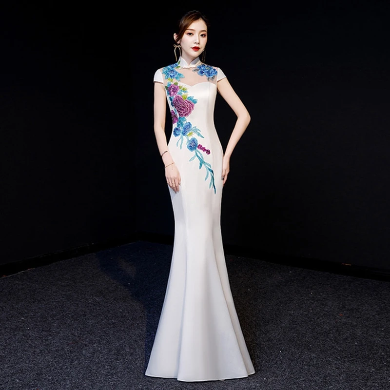Русалка cheongsam вечернее платье длинное женское банкетное командное подиумное представление сценическое cheongsam тонкое сексуальное китайское cheongsam XL